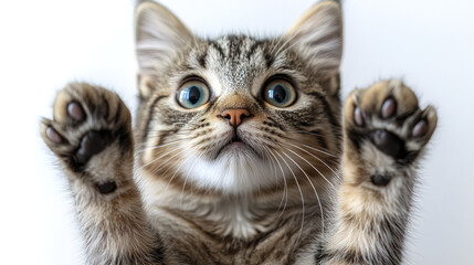 Fluffy tabby cat with wide startled eyes and raised paws, looking curious