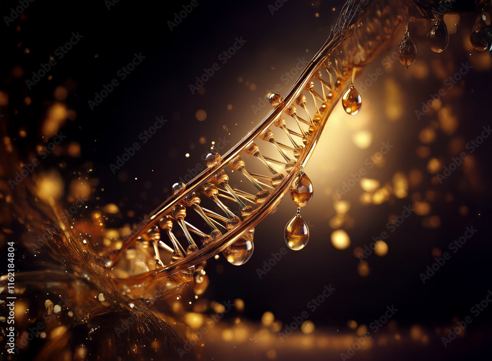 Aufkleber a mesmerizing digital rendering of a dna strand, rendered in shimmering, golden liquid. the helix is
