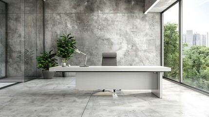 Modern office interior with large windows, concrete wall, white desk, chair, and plants.