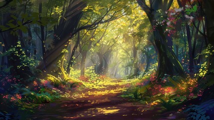 A vibrant forest path with sunlight streaming through the trees, offering an invitation to experience nature blessings