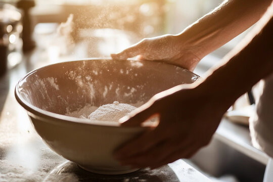 A person learning to bake in a home kitchen, preparing a delicate soufflé. The image features a close-up of hands expertly folding ingredients in a mixing bowl, with flour dust in the air