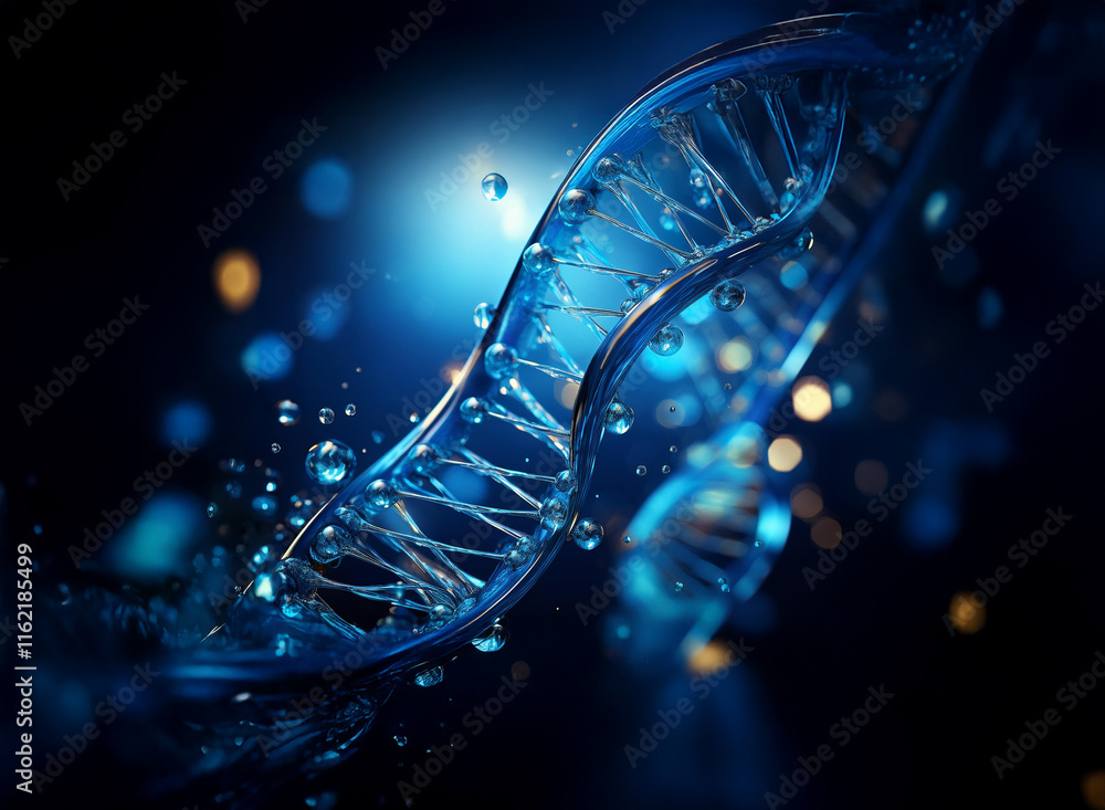 Poster a mesmerizing 3d rendering of a dna double helix, translucent blue, suspended in a dark blue liquid 