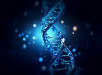 A digitally rendered, luminous blue DNA double helix against a dark background with bokeh.  The helix is detailed, showing its structural components.