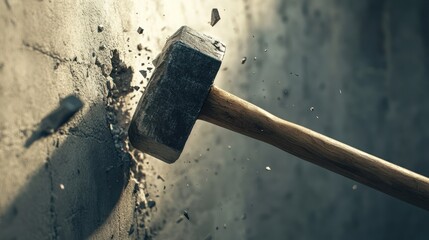 Sledgehammer smashing concrete wall.
