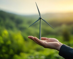 Point of view of a businessman s hand holding a lush landscape with a large ecofriendly wind turbine, symbolizing sustainable energy and innovation