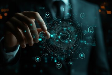 A lawyer who possesses justice icons. Virtual symbols representing justice, law, and legal services are touched by a qualified legal practitioner. Generative Ai