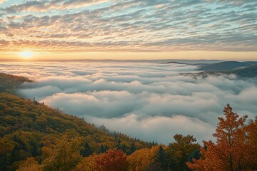 Fototapeta premium A breathtaking sunrise illuminates a valley filled with thick fog, creating a dreamy atmosphere. Autumn trees display brilliant colors, enhancing the picturesque landscape.