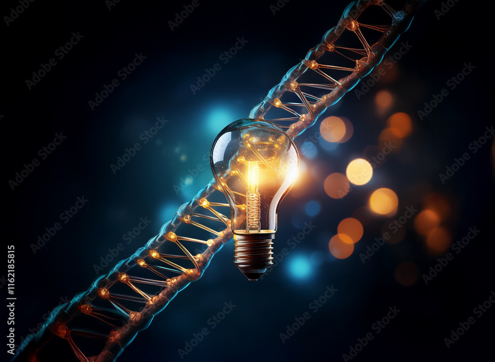 Poster a glowing lightbulb intersects a dna double helix, symbolizing the innovative power of genetic scien