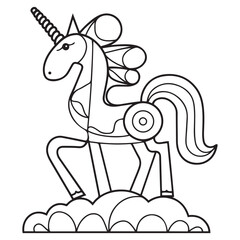 Cute cartoon pegasus. Pony princess. Unicorn. Black and white vector illustration for coloring book