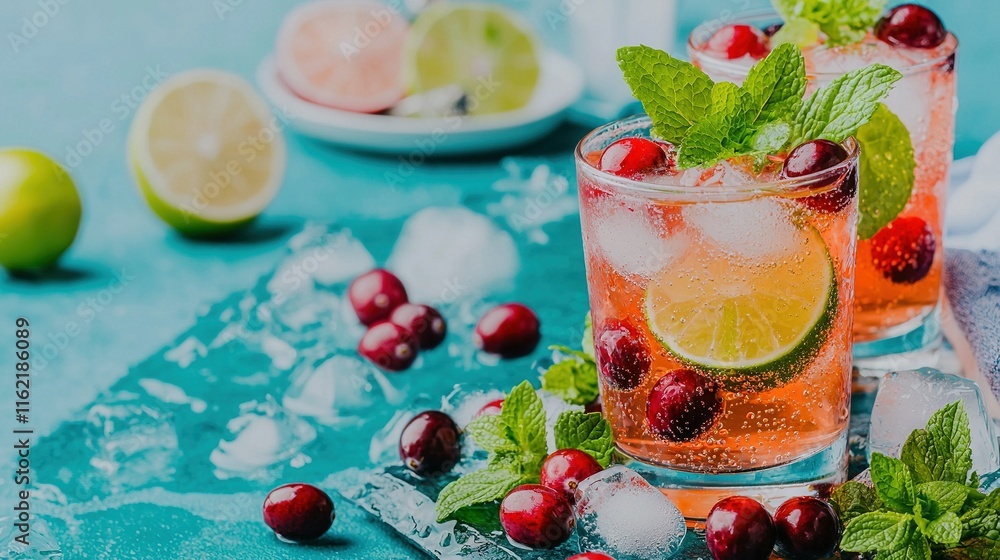 Wall mural   Two glasses of Cranberry Lemonade with Mint Garnish on a Blue Surface with Lemons, Limes, and Cranberries