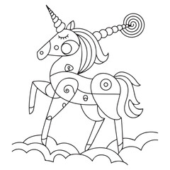 Cute cartoon pegasus. Pony princess. Unicorn. Black and white vector illustration for coloring book