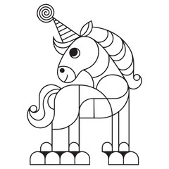 Cute cartoon pegasus. Pony princess. Unicorn. Black and white vector illustration for coloring book