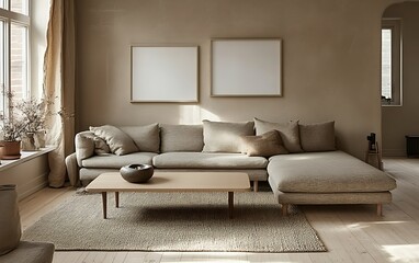 Modern living room interior design with beige sofa, coffee table, and two blank frames.