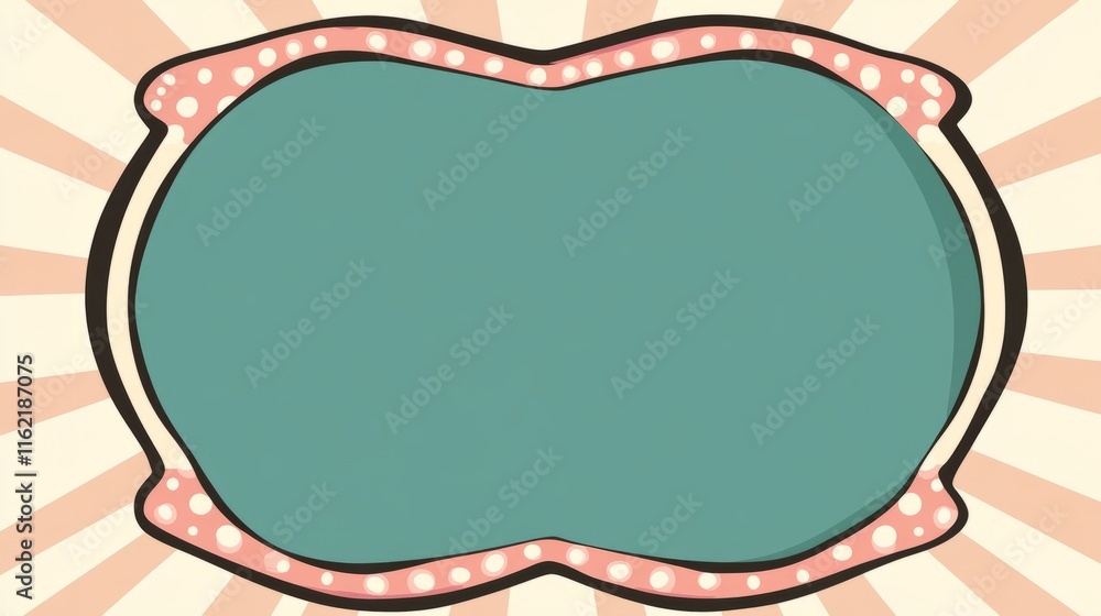 Poster retro teal frame with pink dots and rays background