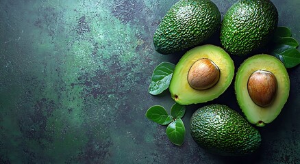 Healthy food advertisement poster featuring fresh fruits avocado displayed on light green background