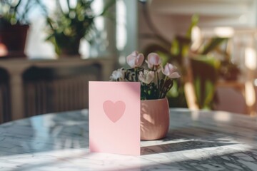 Pink valentine's day card standing on marble table with sunlight. MZ