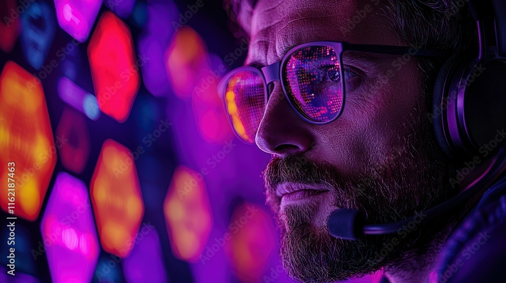 Poster a focused individual using a headset in a tech environment.