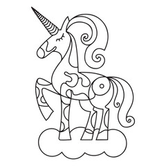 Cute cartoon pegasus. Pony princess. Unicorn. Black and white vector illustration for coloring book