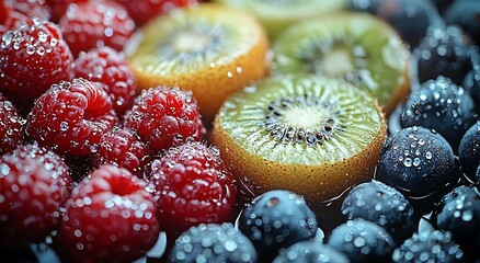 Healthy food advertisement poster featuring fresh fruits closeup of kiwi and berries in vibrant colors