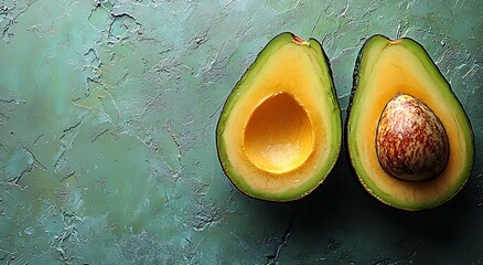 Healthy food advertisement poster featuring fresh fruits avocado halfcut on textured background for nutritional awareness