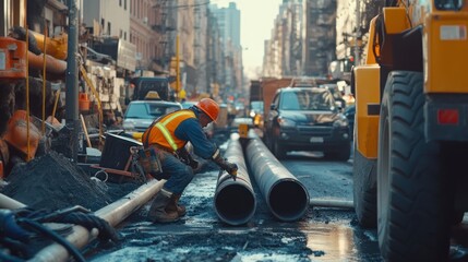 Fototapeta premium Urban street construction worker installing pipes.