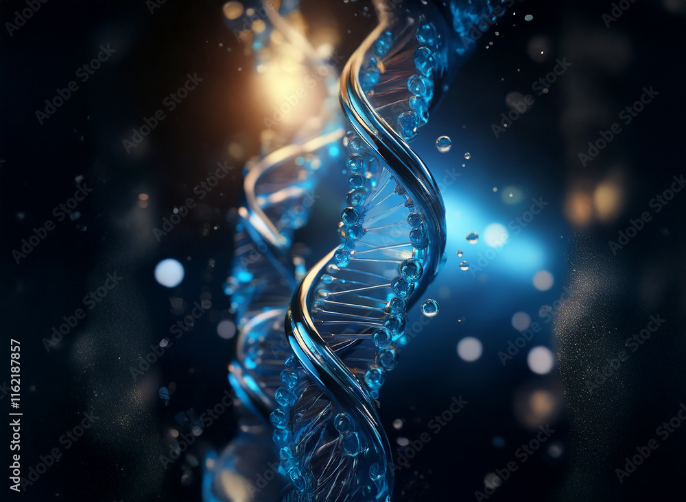 Aufkleber a mesmerizing 3d rendering of a dna double helix, gleaming with translucent blue and silver, set aga