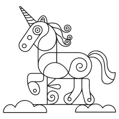 Cute cartoon pegasus. Pony princess. Unicorn. Black and white vector illustration for coloring book