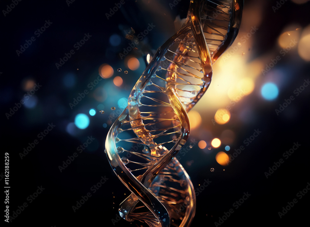 Aufkleber luminous double helix dna strand against a dark background speckled with bokeh lights. the image evo