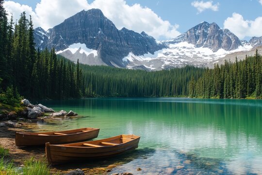 Serene alpine lake with turquoise waters and rustic boats amidst majestic snow capped mountains