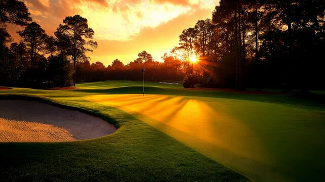 Stunning view of a golf course at sunset, featuring a sand bunker, lush fairway, and flagstick illuminated by golden light.