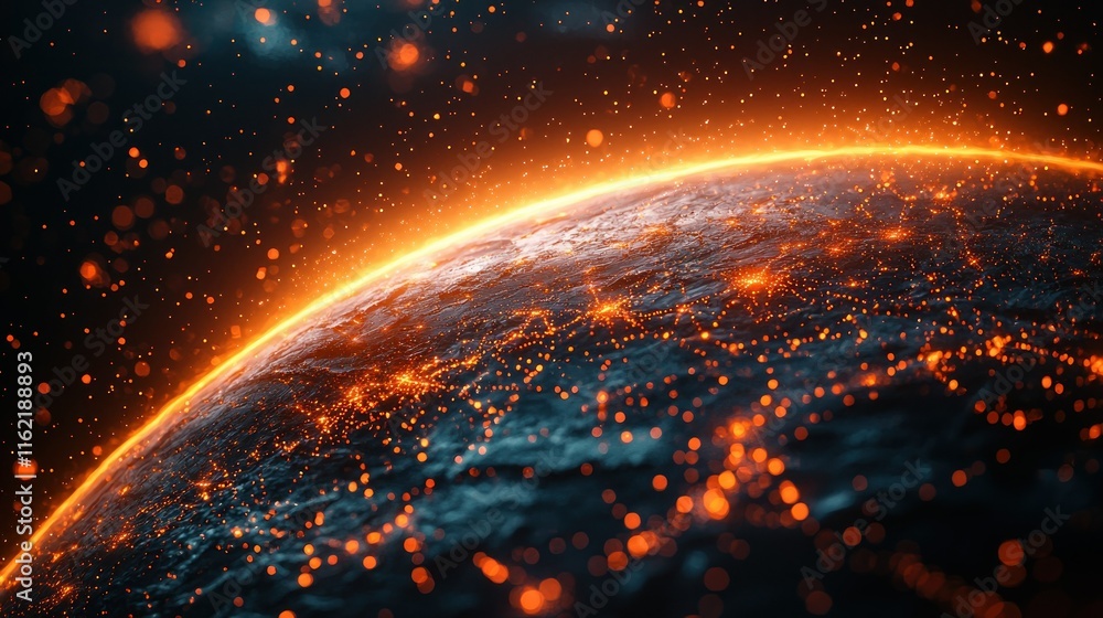 Poster abstract view of a glowing planet with network lights.