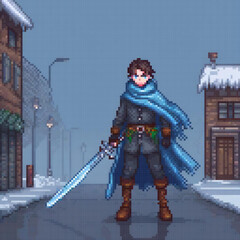 Obraz premium Pixel art depicting a sword-wielding man in a bustling street scene.