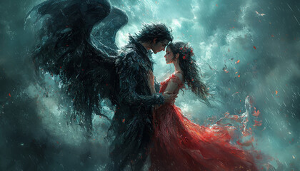 Mystery romance fantasy, demon, black angel with woman, couple. Love, relationship