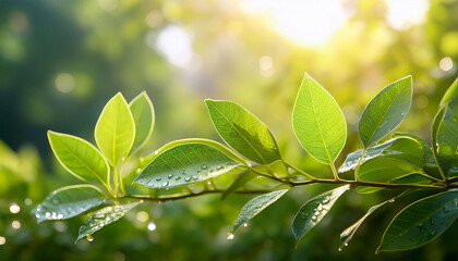 Delicate green leaves gleam with shimmering raindrops, capturing the warmth of soft sunlight in the refreshing embrace of the spring season, creating a cheerful atmosphere