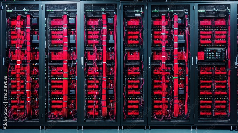 Poster shot of data center with multiple rows of fully operational server racks. modern telecommunications,