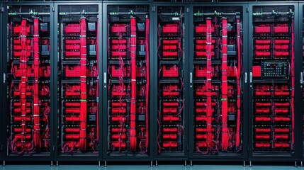 Shot of Data Center With Multiple Rows of Fully Operational Server Racks. Modern Telecommunications, Cloud Computing, Artificial Intelligence, Database, Super Computer Technology Concept.