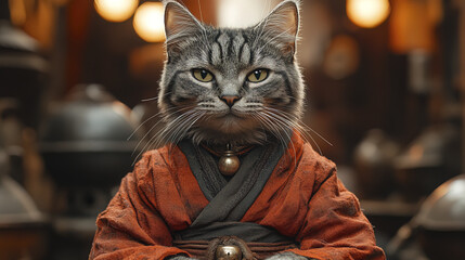 wise cat dressed in deep red robe, exuding calm and confidence