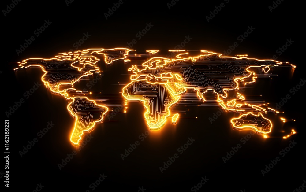 Poster a glowing circuit pattern forming the shape of a world map, symbolizing the spread of technology and