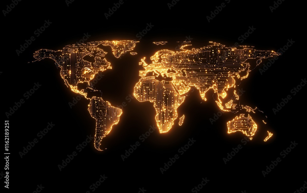 Poster a glowing circuit pattern forming the shape of a world map, symbolizing the spread of technology and