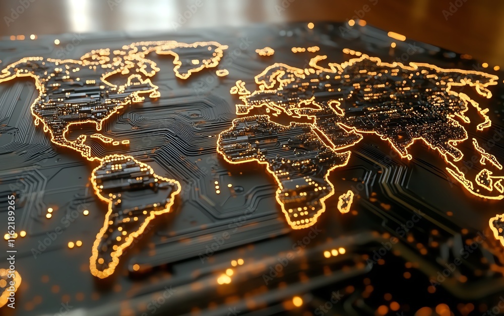 Poster a glowing circuit pattern forming the shape of a world map, symbolizing the spread of technology and