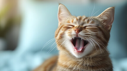 cheerful orange cat laughing heartily with mouth open and eyes closed