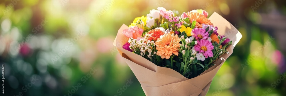 Poster colorful flower bouquet wrapped in kraft paper with bright blooms for a joyful mood and copy space. 