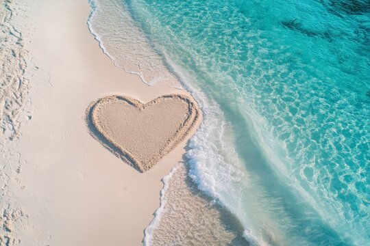 Heart shaped sand art on a beach with clear seawater waves on a sunny summer day for romance - Powered by Adobe