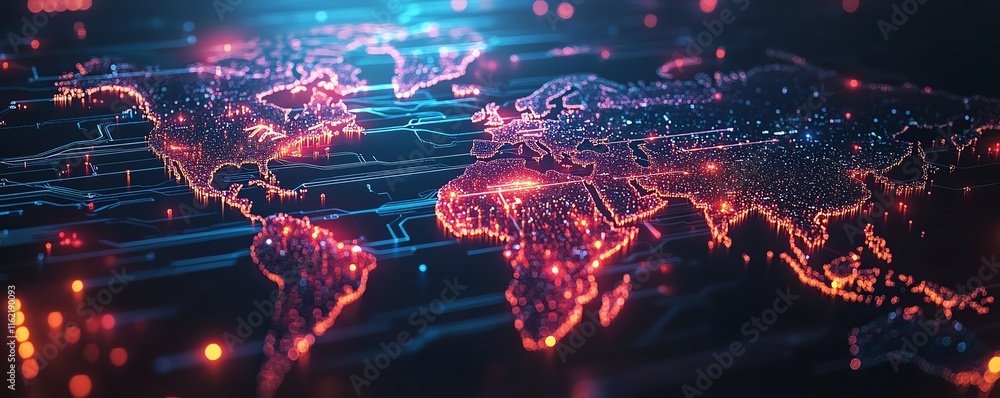 Poster digital world map made of glowing circuits, symbolizing the interconnectedness of modern technology 