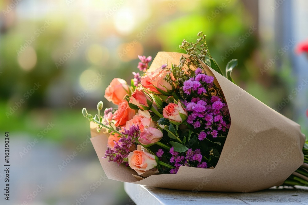 Aufkleber vibrant flower bouquet wrapped in kraft paper with soft sunlight filtering through in a garden setti