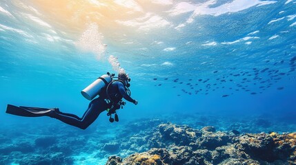 A man is diving in the ocean with a scuba tank