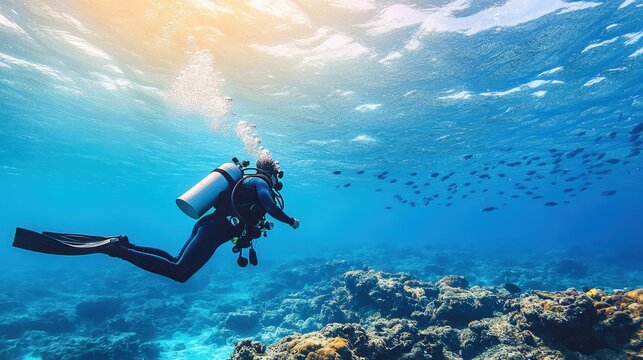 A man is diving in the ocean with a scuba tank
