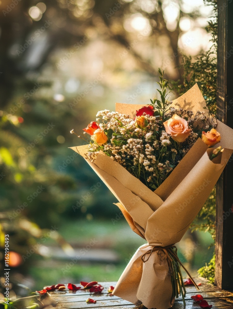 Poster beautiful bouquet wrapped in kraft paper with flowers and copy space for text in a serene outdoor se