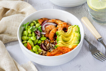 Spiced prawn, avocado and kimchi bowl - Korean inspired healthy food