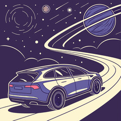 Futuristic car designed for interstellar highways, featuring starlight trails and swirling cosmic dust, perfect for sci-fi projects and space-themed digital designs.